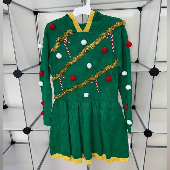 Girls Green Knit Blinged Out Tinsel Christmas Tree Hoodie Holiday Dress L NWT - Picture 1 of 5